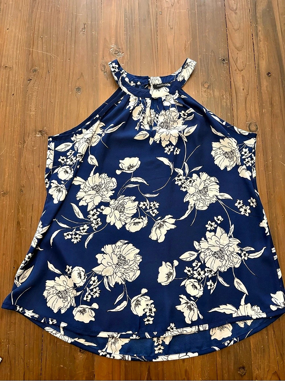 NWOT Paper Moon Navy Blue Floral High Neck Halter Blouse - Size Large